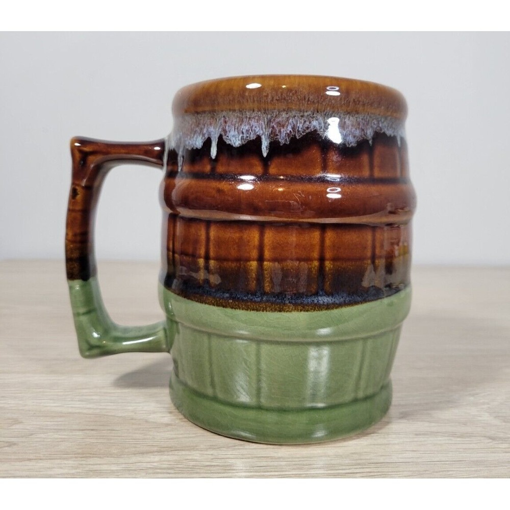 Vintage Stoneware Drip Glaze  Barrel Mug